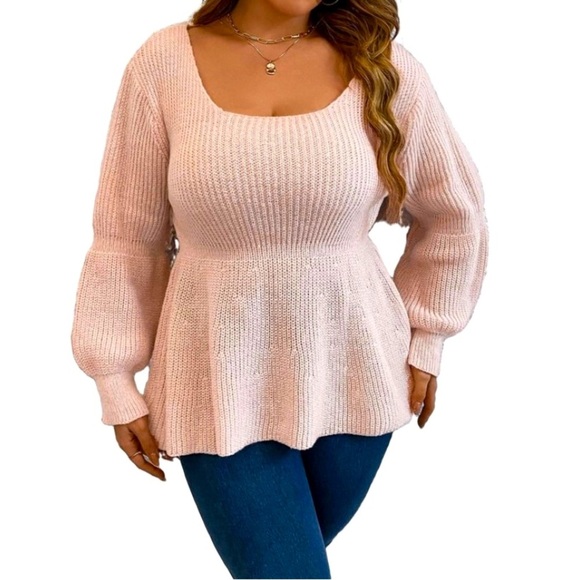 None Sweaters - Plus Size Women’s Casual Scoop Neck Pull Over Sweater - Coral Pink Size 1x